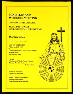 Ministers and workers meeting, Texas southwest, COGIC, San Antonio, Women's day program, 1994