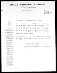 McGlothen, letter, 1991, to Carter family