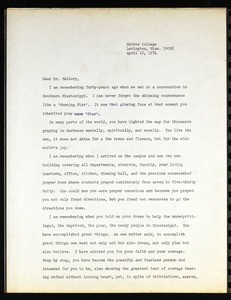 Lashley (Saints College), letter, 1974, to Mallory (Saints College)