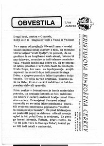 Christ's Pentecostal Church Ljubljana, Bulletin, January, 1989