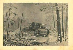 A 1930's model Soviet tank firing its canon while moving through a winter forest