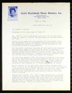 Morrison (God's Worldwide Music Ministry), letter, 1974, to Mallory (Saints College)