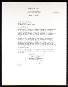 King, letter, 1974, to Mallory (Saints College)