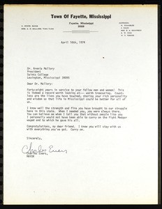 Evers (Town of Fayette, Mississippi), letter, 1974, to Mallory (Saints College)