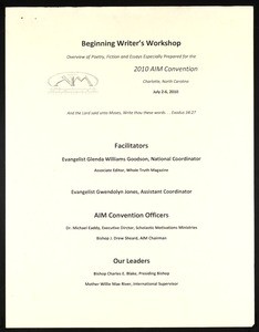 Auxiliaries in Mission convention, COGIC, writers workshop syllabus, 2010