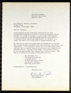 Taylor, letter, 1974, to Mallory (Saints College)