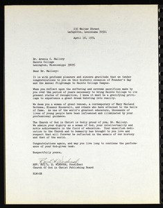 Winbush (COGIC Publishing Board), letter, 1974, to Mallory (Saints College)