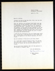 Simmons (Saints College), letter, 1974, to Mallory (Saints College)