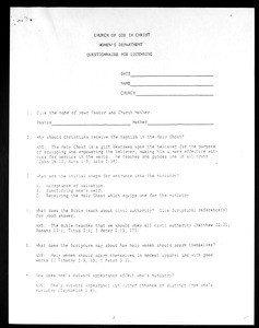 Questionnaire for licensing, COGIC, Women's department, 1987 (copy 2)