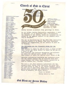 Letter and Church of God in Christ 50th Anniversary plans, 1957 Sept. 1