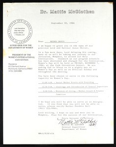 McGlothen, letter, 1986, to Crouch (re 11:00-2:00 schedule)