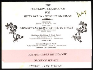 Memorial service program, Helen Louise Young Willis, 1990