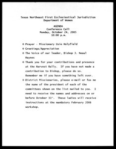 Department of Women, COGIC, 2005, Texas Northeast, meeting agenda, 2005