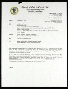 COGIC Annual Education Luncheon Committee, memo, 2004, to COGIC Jurisdictional prelates, et al