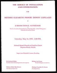 Installation service program, Elizabeth Phoebe Dowdy Copeland, 1998