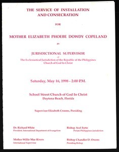 Installation service program, Elizabeth Phoebe Dowdy Copeland, 1998