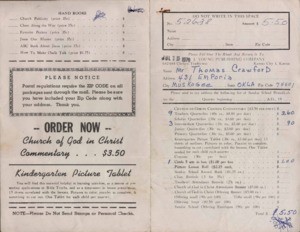 Order Form (Crawford) requesting Sunday School Literature from D.J. Young Publishing Company, 1970 July 15