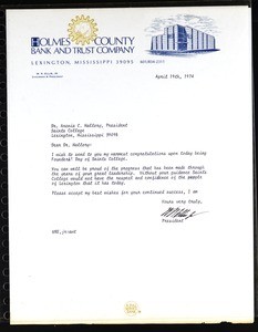 Ellis (Holmes County Bank and Trust Company), letter, 1974, to Mallory (Saints College)