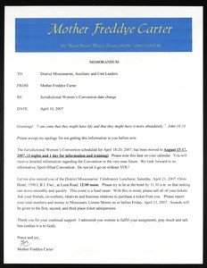 Carter, memo, 2007 April, to "district missionaries, auxiliary and unit leaders"