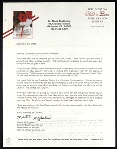 McGlothen, letter, 1993, to "beloved co-worker in our Lord's vineyard"