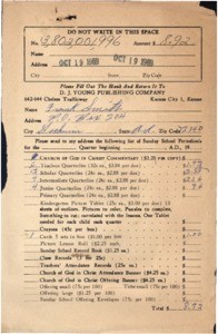 Order Form (Smith) requesting Sunday School Literature from D.J. Young Publishing Company, 1969 Oct. 19