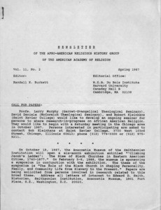 Newsletter of the Afro-American Religious History Group of the American Academy of Religion, vol. 11, no. 2 (Spring 1987)