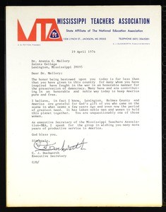 Duckworth (Mississippi Teachers Association), letter, 1974, to Mallory (Saints College)