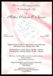 Memorial service program, Victoria F. Barnes, 1997