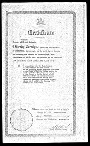 Certificate amending COGIC of All Nations objective, Victoria, BC, 1975