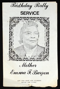 Birthday service program, Emma F. Barron, 1985