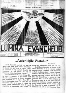 Light of the Gospel, 1945, vol, 1, no. 1 = Lumina Evangheliei, 1945, anul I, nr 1