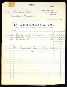 Invoice & statement, Abraham to Lott, Liberia, 1962