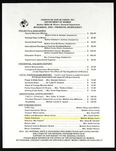 Financial worksheet, Department of Women, COGIC, 2005