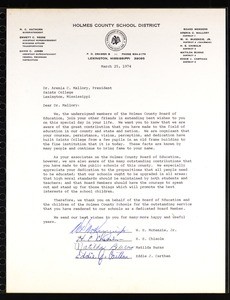 McKenzie, et al. (Holmes County School District), letter, 1974, to Mallory (Saints College)