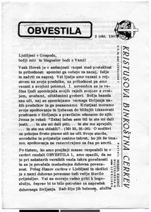 Christ's Pentecostal Church Ljubljana, Bulletin, October 1987