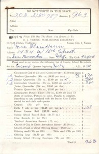 Order Form (Harris) requesting Sunday School Literature from D.J. Young Publishing Company, 1970 July 10