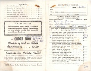 Order Form (Turner) requesting Sunday School Literature from D.J. Young Publishing Company, 1969 Oct. 3