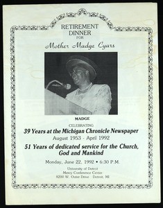 Retirement dinner program, Madge Cyars, Detroit, 1992