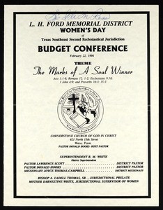 Budget conference, Texas southeast, COGIC, Waco, Women's day program, 1996