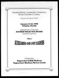 COGIC, leadership conference syllabus, "Auxialiaries and unit leaders", Orlando, 1998