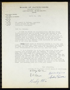 Taylor, et al. (Holmes County Board of Supervisors), letter, 1974, to Mallory (Saints College)