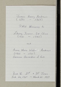 Mission work of James Andews in China, 1927-1937