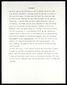 John Wesley Wilson Memorial Institute (17th: 1994), syllabus foreword