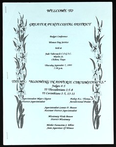 Budget conference, Greater pentecostal district, COGIC, Chilton, Texas, Women's day program, 1995