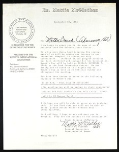 McGlothen, letter, 1986, to Crouch (re 11:00 schedule)