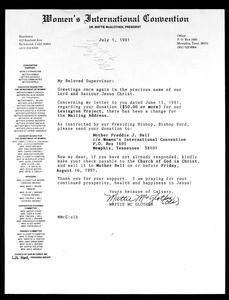 McGlothen, letter, 1991, to COGIC