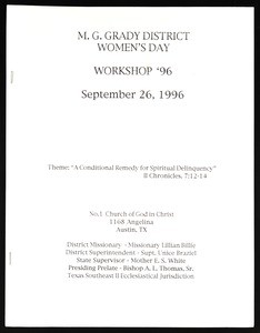 Women's day program, workshop, Texas southeast, COGIC, Austin, 1996