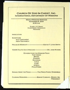 Annual Holy Convocation of the Church of God in Christ (94th: 2001), World missions services program (copy 2)