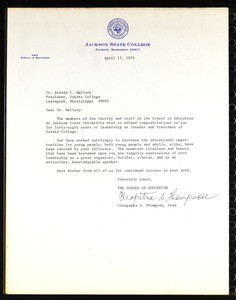 Thompson (Jackson State College), letter, 1974, to Mallory (Saints College)