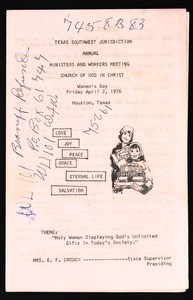 Ministers and workers meeting, Texas southwest, COGIC, Houston, Women's day program, 1976